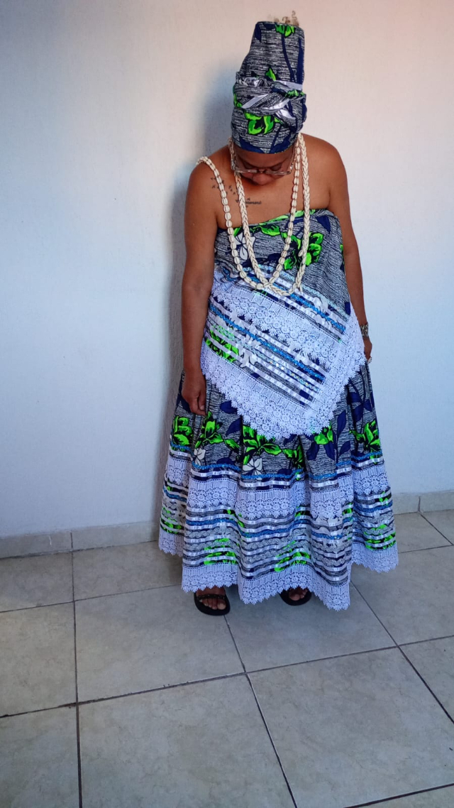 Conjunto Baianas Estampado Verde/Cinza renda branca