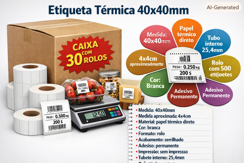 40x40 Etiqueta termica balança caixa com 30 Rolos aproximadamente 15.000 etiquetas