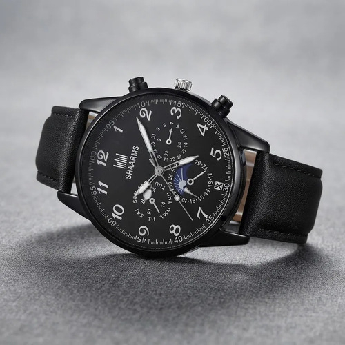 Relógio De Pulso Shaarms Com Pulseira De Couro + Acessórios Preto