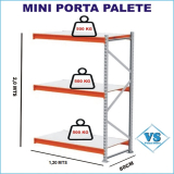 MINI PORTA PALETE CONTINUAO 2,0 MTS ALT X 1,20 MTS COMP X 80CM PROF C/ 3 PARES DE LONGARINAS E PLANOS DE MADEIRA P/ 500 KG P/ PAR DE LONGARINA