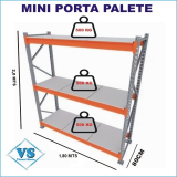 MINI PORTA PALETE INICIAL 2,0 MTS ALT X 1,80 MTS COMP X 80CM PROF C/ 3 PARES DE LONGARINAS E PLANOS DE MADEIRA P/ 500 KG P/ PAR DE LONGARINA
