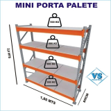MINI PORTA PALETE INICIAL 2,0 MTS ALT X 1,80 MTS COMP X 80CM PROF C/ 4 PARES DE LONGARINAS E PLANOS DE MADEIRA P/ 500 KG P/ PAR DE LONGARINA