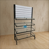 EXPOSITOR DE PAREDE UNIVERSAL COM PAINEL CANALETADO E 4 NIVEIS DE PRATELEIRAS BRANCO OU PRETO