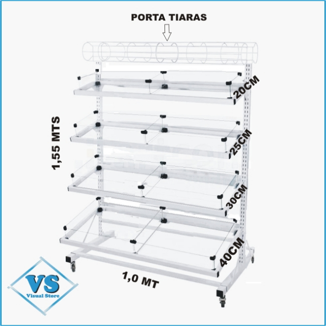 GONDOLA PAREDE C/ PORTA TIARAS  ESTRUTURA TUBOLAR METALON C/ CAIXINHAS DE VIDRO E RODINHAS NA BASE - COR BRANCA OU PRETA?cache=20250503122301