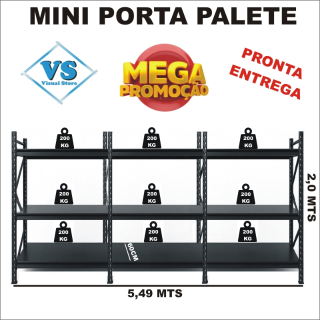 MINI PORTA PALLET 200 KG POR PAR DE LONGARINA KIT 1 INCIAL+ 2 CONTINUA��O COMPLETO COM PLANOS MET�LICOS 2,0ALT X 3,66MTS COMP X 60CM PROF?cache=20260402123345