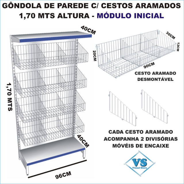 G�NDOLA DE PAREDE 1,70 ALT COM 4 NIVEIS DE CESTOS ARAMADOS M�DULO INICIAL?cache=20260422155128
