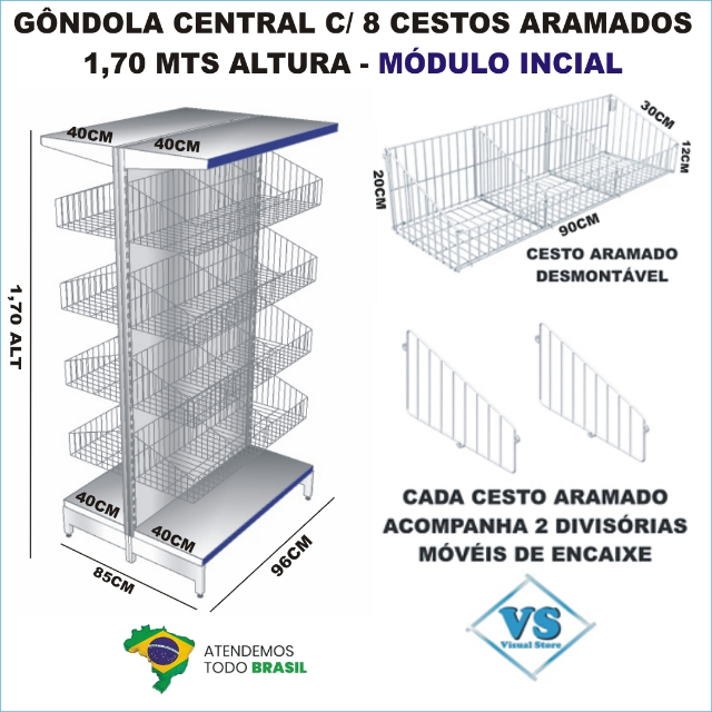 G�NDOLA CENTRAL 1,70 ALT COM 4 NIVEIS DE CESTOS ARAMADOS NOS 2 LADOS M�DULO INICIAL?cache=20260422154814