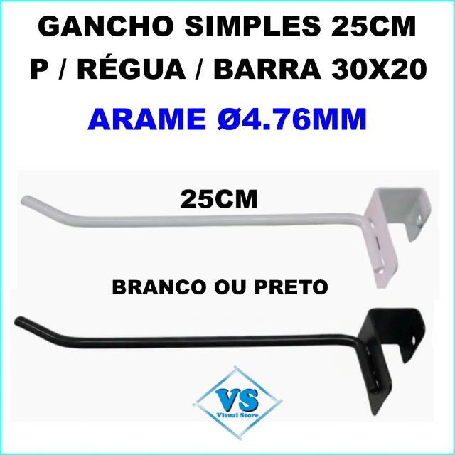 GANCHO SIMPLES 25CM ARAME Ø 4.76MM PARA BARRA RÉGUA GONDOLAS E CREMALHEIRAS BRANCO OU PRETO?cache=20261001115709