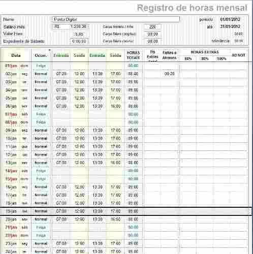 Planilha Cart O De Ponto E Controle De Horas Extras Por R