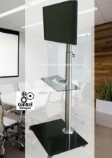 Pedestal TV Monitor Inox Escovado 1,50 a 1,90mt c/ Rodzio e Prateleira Vidro Z3133 Centrel Usinagens