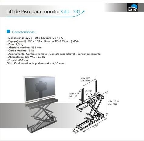 Elevador Lift para TV e Monitor GLI-331 Gaia Ind