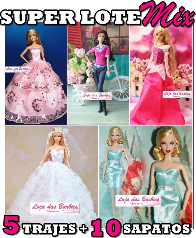 PACOTE ESPECIAL* 05 Roupas Fashion Para Barbie + 10 Pares de