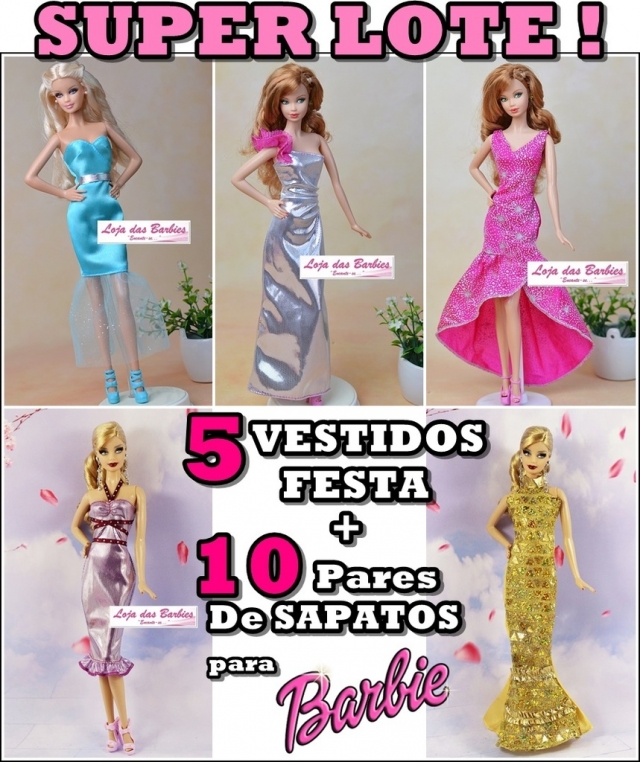 Vestido Mega Luxo P/ Boneca Barbie C/ Sapatos Roupa Gala 39s