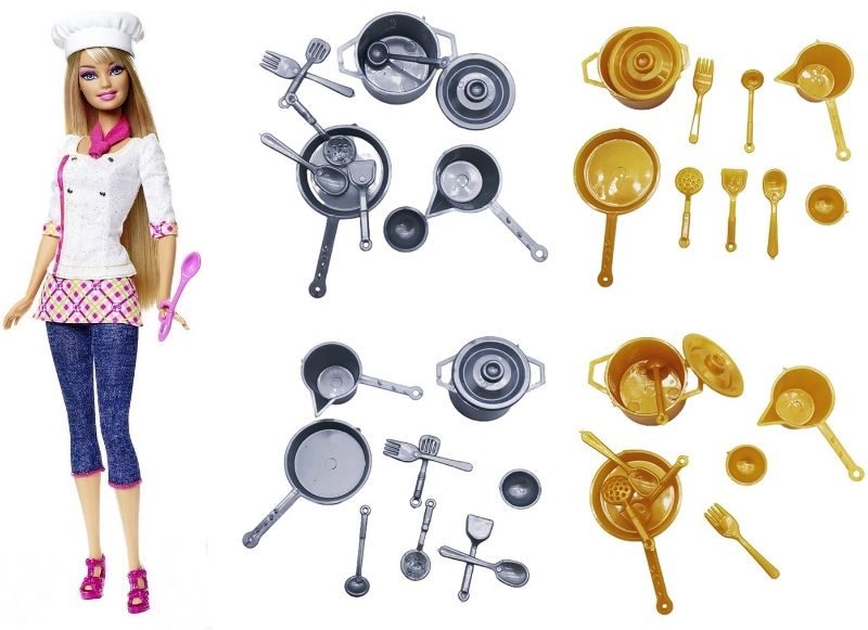 Jogo De Taças, Talheres, Potes e Cumbucas IGUAIS À FOTO Para Barbie (14  Peças) por R$47,90