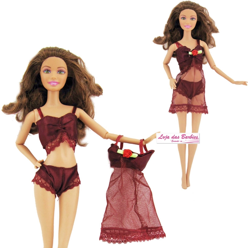 Roupa Lingerie Luxo Camisola Para Boneca Barbie + Sapatos