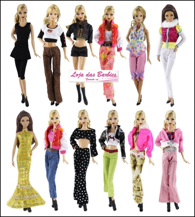 PACOTE ESPECIAL* 05 Roupas Fashion Para Barbie + 10 Pares de