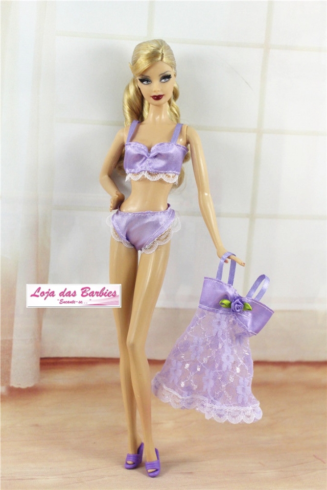 Roupa Lingerie Luxo Camisola Para Boneca Barbie + Sapatos