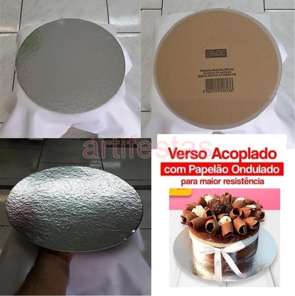 Base para Bolo Tabuleiro Redondo Laminado Cor Prata com Papelão