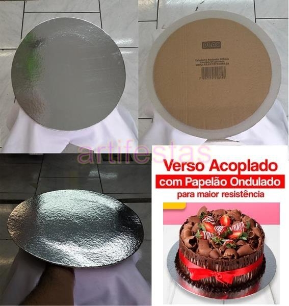 Base para Bolo Tabuleiro Redondo Laminado Cor Prata com Papelão Acoplado no  Verso e Diâmetro de 350mm (35cm) por R$9,95