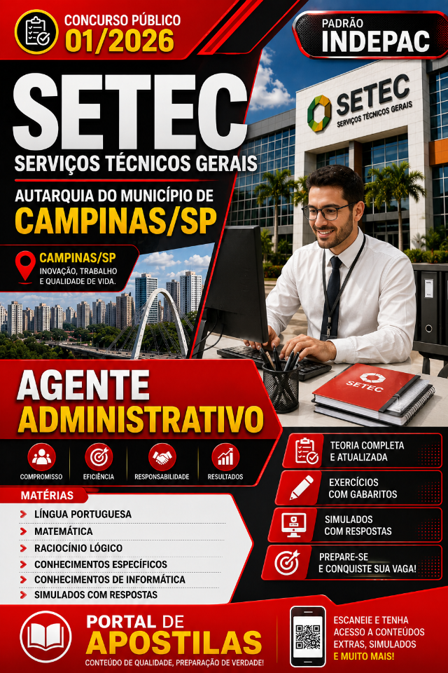 Apostila SETEC Campinas-SP 2026 - Agente Administrativo