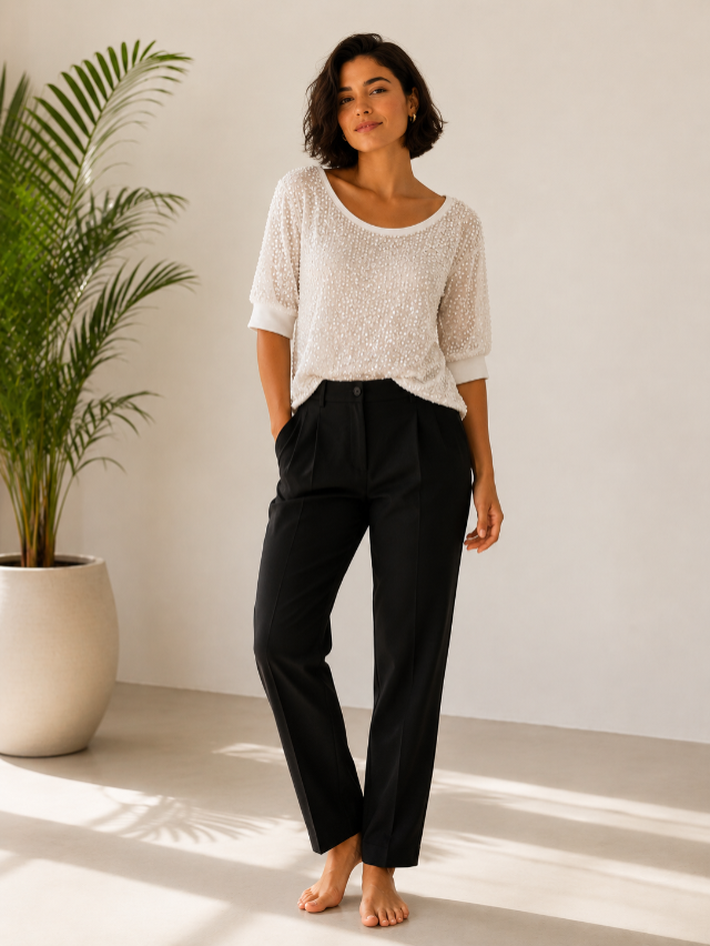BLUSA PAETÊ LE LIS BLANC (PAETÊ TAMBÉM NO COS DA MANGA) TAM=BUSTO=138 - CINTURA=140 - COMPR=60 (ref. 14783)