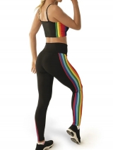Cala Legging Fitness Arco ris DeMillus 00144 Em Microfibra Elstica Canelada Supermacia Preto Com Listras Coloridas Nas Laterais Tamanhos M e G