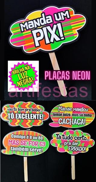 Plaquinhas com frases divertidas tema Balada Party Neon ref. 850. (BRILHA  NA LUZ NEGRA). (Venda mínima 10 unidades). por R$1,79
