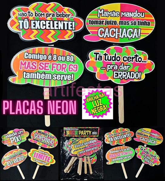 Plaquinhas com frases divertidas tema Balada Party Neon ref. 850. (BRILHA  NA LUZ NEGRA). (Venda mínima 10 unidades). por R$1,79