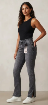 CALÇA JEANS ZOOMP FEMININA RETA BLACK ESTONADO C/FENDA NA PERNA-REF.UNI001004