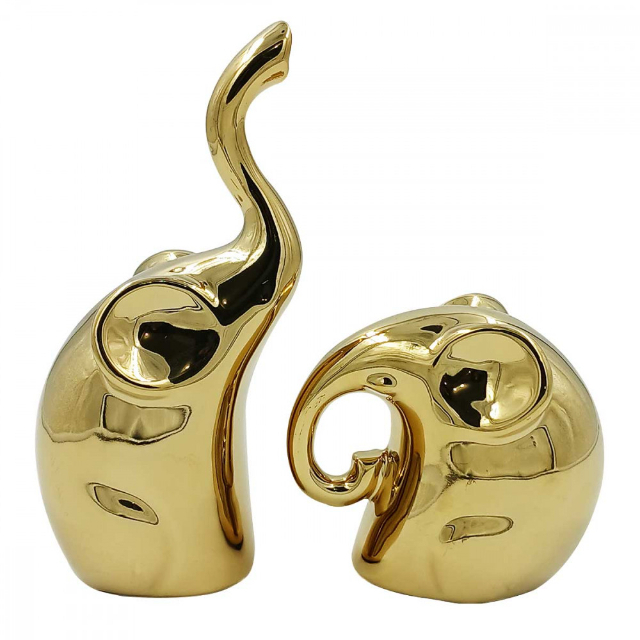 Casal Elefante Decorativo dourado 2 Peas em Cermica 