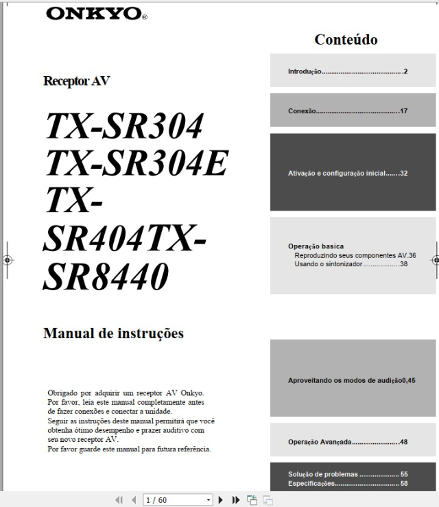 Manual em portugus do receptor AV Onkyo TX-SR304?cache=20240724151725