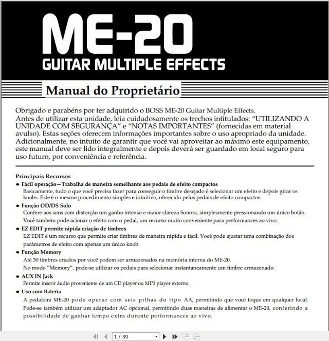 Manual em portugus da Pedaleira de guitarra Boss ME-20?cache=20241018141233