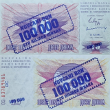 #34 Bsnia e Herzegovina 10 Dinara com carimbo de 100.000 Dinaras 1993