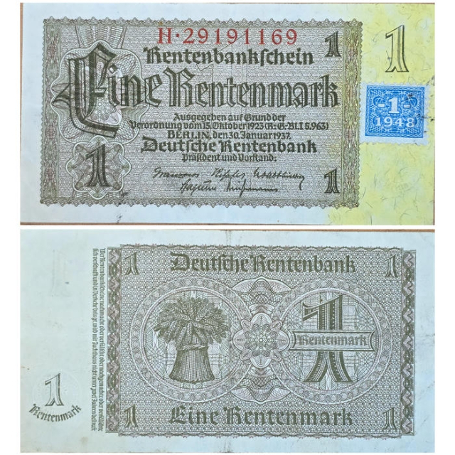 #1 Alemanha (DDR), Ocupa��o Sovi�tica p�s 2� Guerra. 1 Rentenmark 1937, revalidada em 1948 com selo
