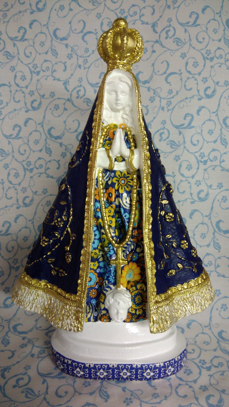 Imagem Nossa Senhora Aparecida Manto Azul com Detalhes Dourado - alt27 x 16cm