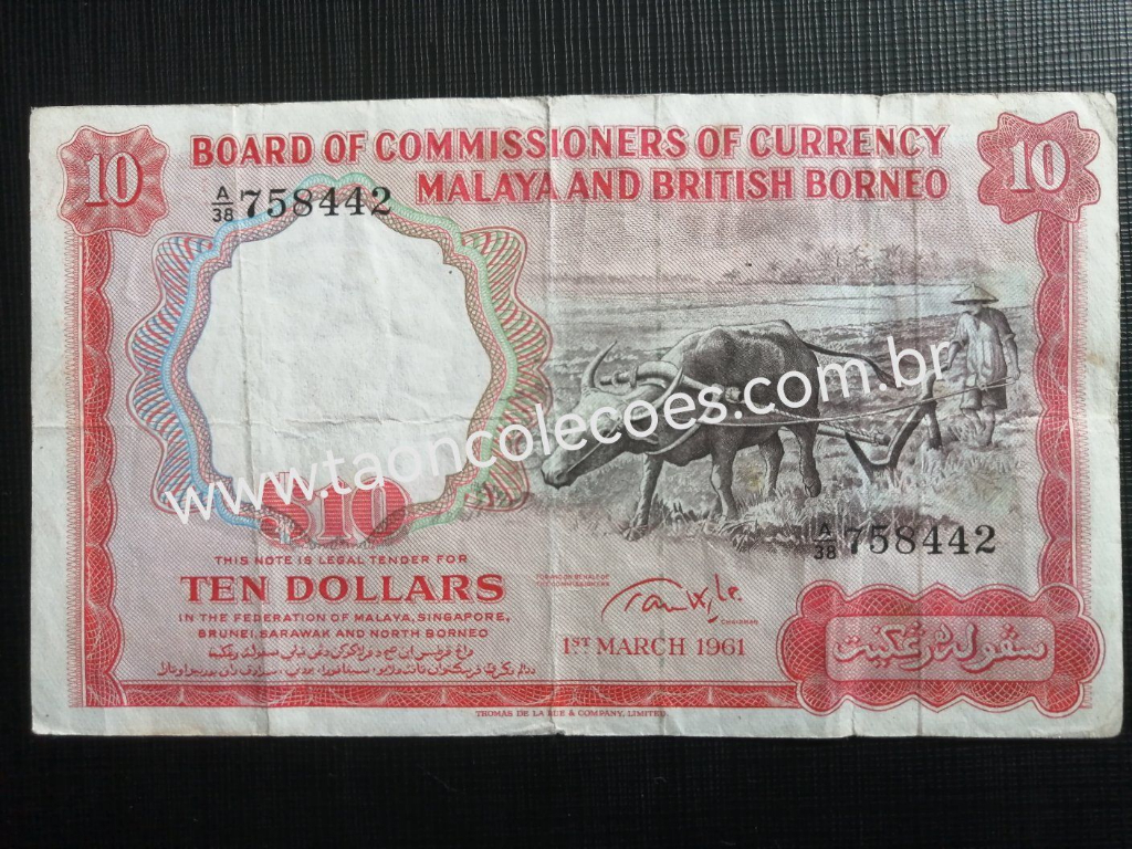 PICK -9c - MALAYA e BRITISH BORNEO 10 DOLARES DE 1961 - MBC / N� A38 758442 (RARA D+/ESCASSA) 