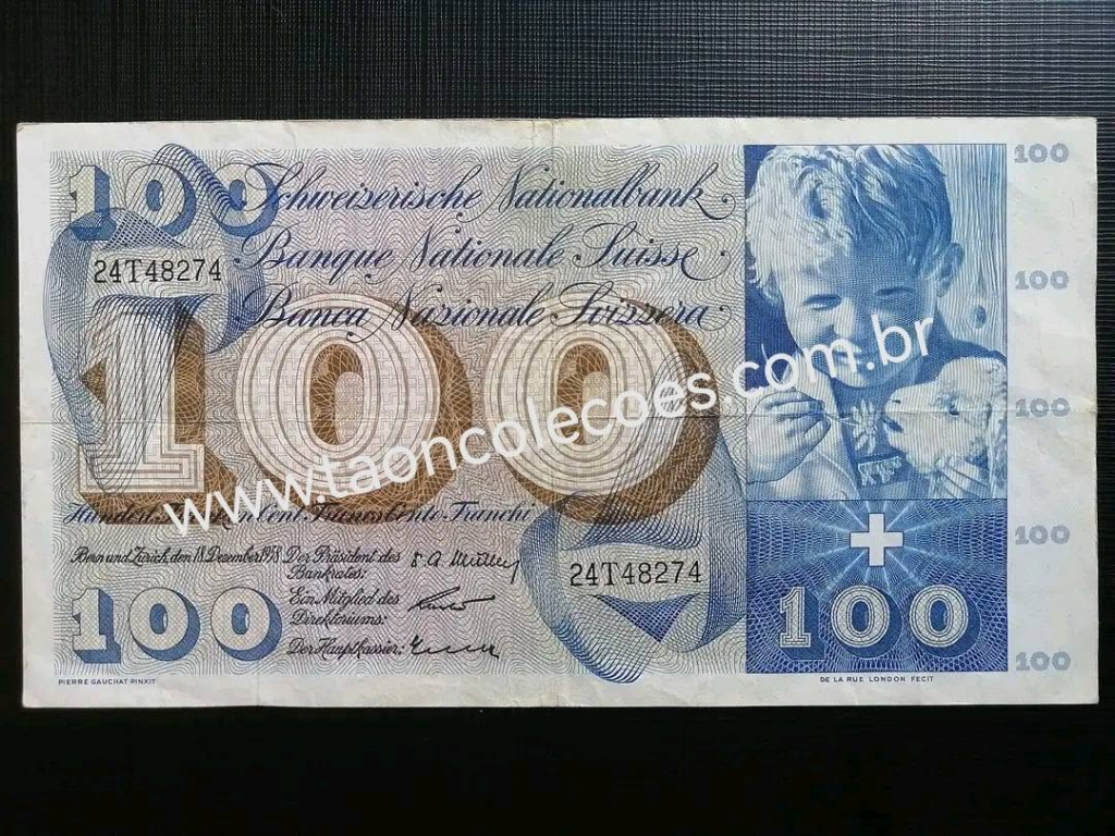PICK-49c - SUÍÇA 100 FRANKEN DE 1958 - MBC / Nº 24T48274