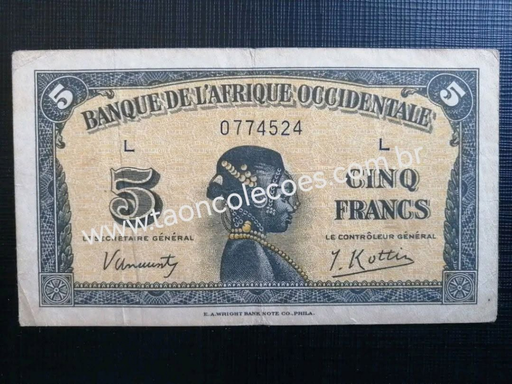 PICK-28c -ÁFRICA OCIDENTAL FRANCESA 5 FRANCS DE 1942 - MBC / Nº 0774524