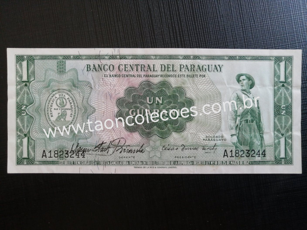 PICK-192 - PARAGUAY 1 GUARANI DE L.1952 - SOB/FE - N� A1823244 (BANCO CENTRAL NO VERSO/ESCASSA)