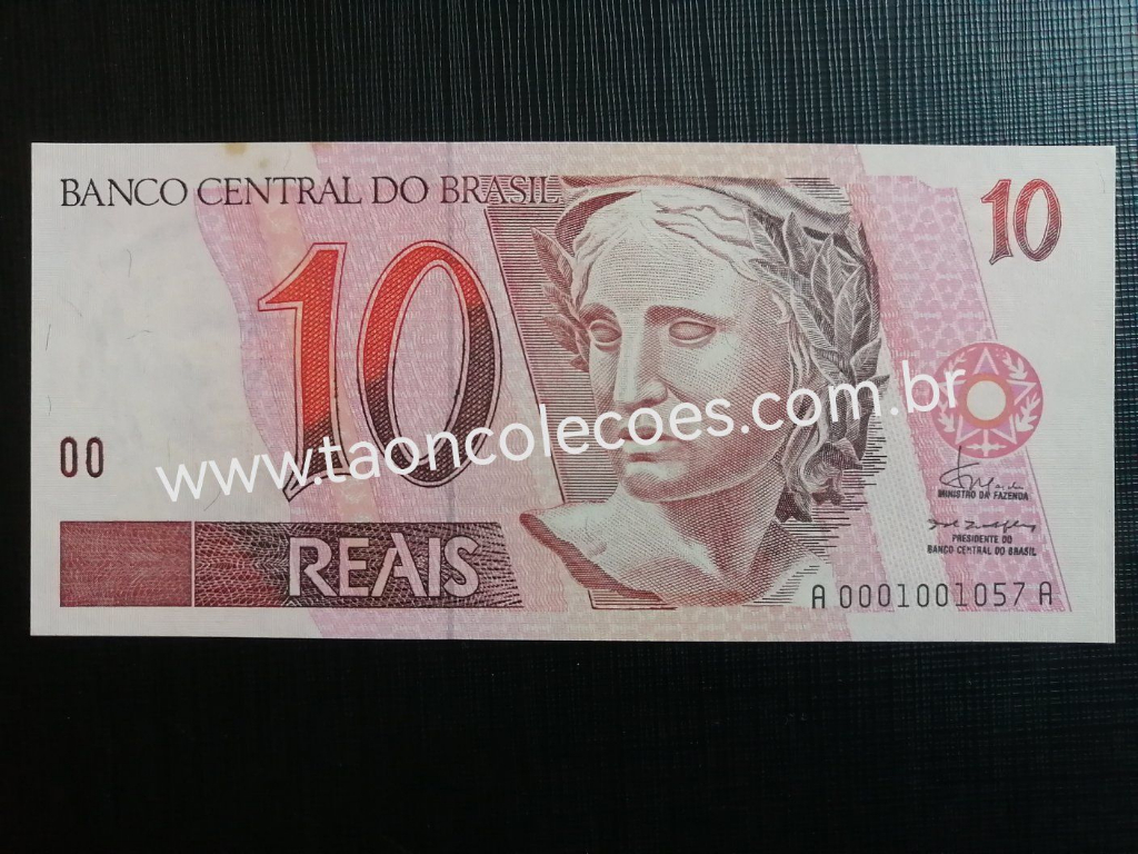 C281 - BRASIL 10 REAIS DE 1994 - FE - N� A0001001057A (S�RIE 001�) PRIMEIRA S�RIE/PEQUENA MANCHA