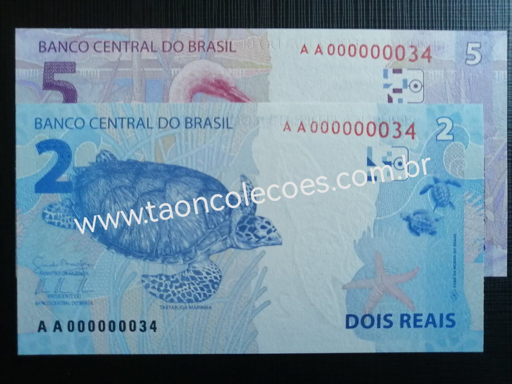 C333/C340 - BRASIL 2 E 5 REAIS DE 2013 - FE - N� AA000000034 (CASAL PERFEITO) RARIDADE DE NUMERA��O