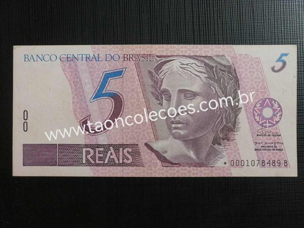 C269a - BRASIL 5 REAIS DE 1994 - SOB/FE - Nº *0001078489 / Com asterísco, impressa pela Giesecke Devrient (GDE/Alemanha)