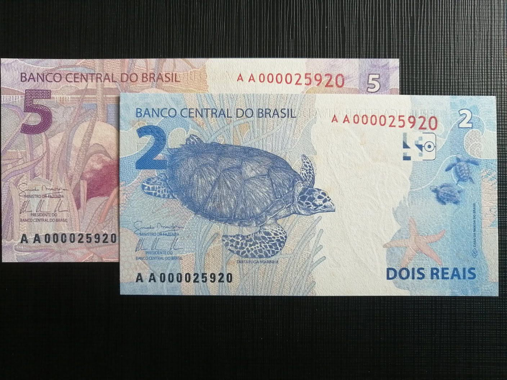 C333/C340 - BRASIL 2 E 5 REAIS DE 2013 - FE - Nº AA000025920 (CASAL PERFEITO) LEVE MANCHAS