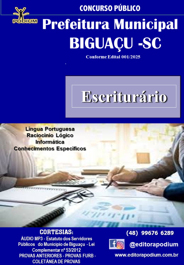 APOSTILA CONCURSO ESCRITURRIO PREFEITURA MUNICIPAL DE BIGUAU 2025