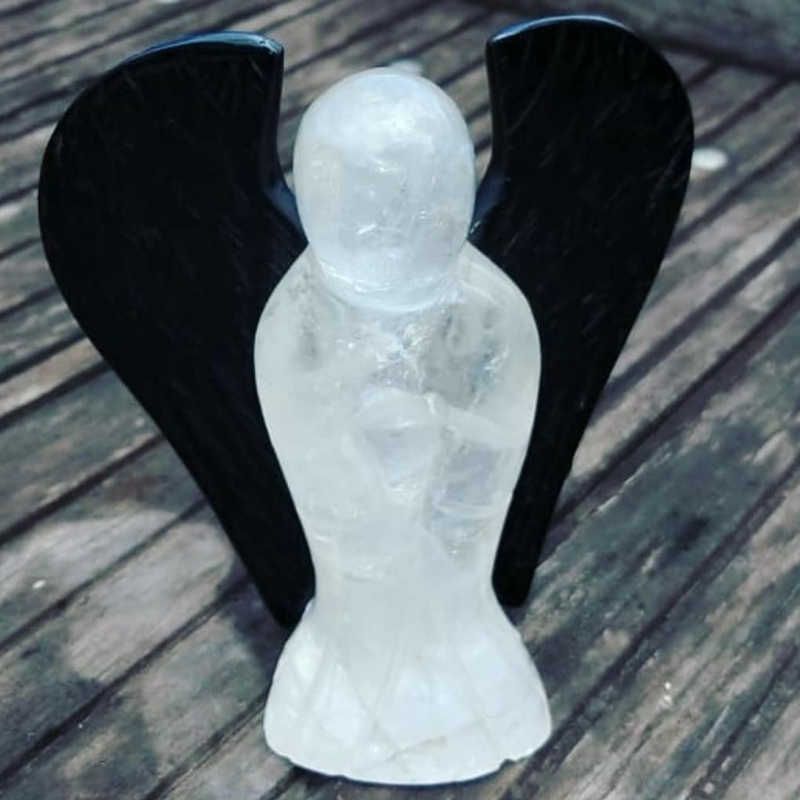 Anjo de Cristal de Quartzo e Obsidiana Negra 695gr