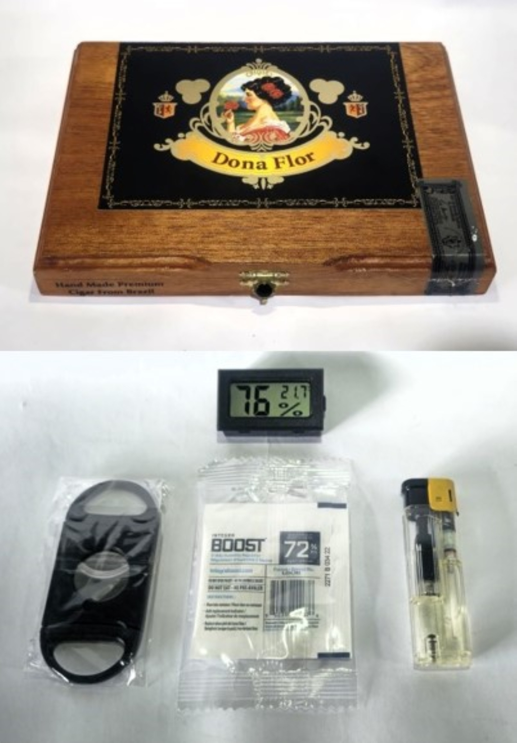 kit Umidor de Charuto Dona Flor + Higrmetro + Sach + isqueiro Maarico + Cortador / 22 x 15,5 x 3 cm