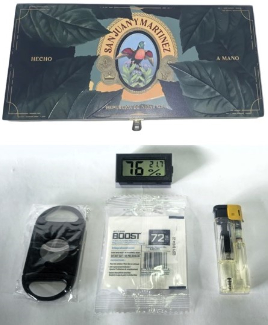 kit Umidor de Charuto SAN JUAN Y MARTINEZ + Higr�metro + Sach� + isqueiro Ma�arico + Cortador / 34,5 x 20,5 x 5,5
