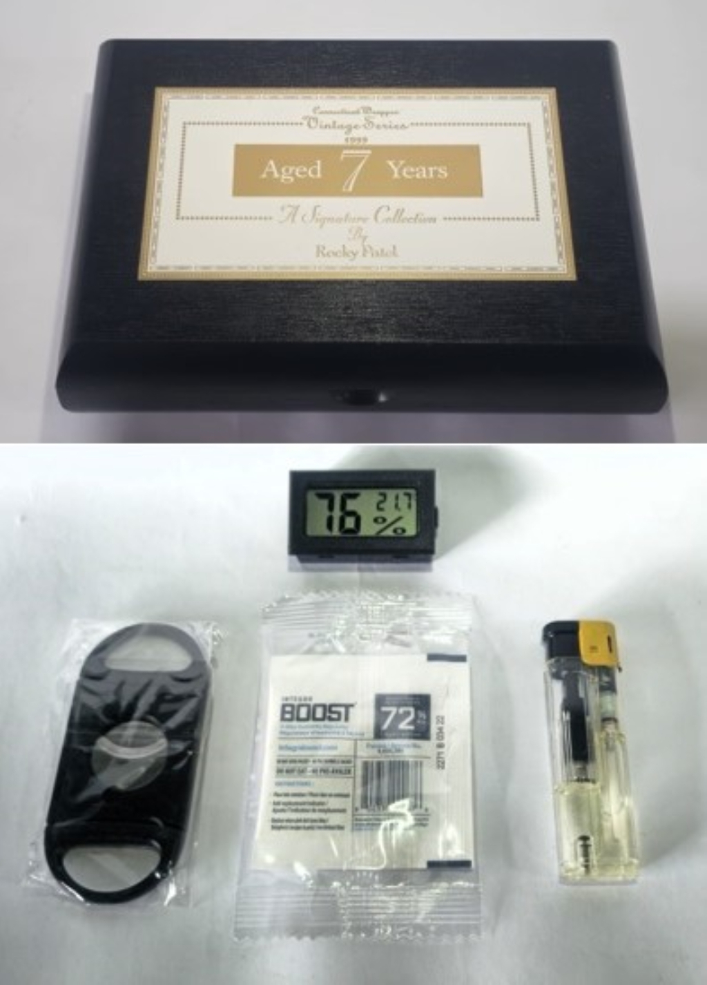 kit Umidor de Charuto ROCKY PATEL AGED 7 YEARS + Higr�metro + Sach� + isqueiro Ma�arico + Cortador / 20 x 14,5 x 5,5 cm