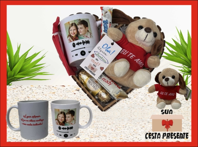 Cesta de Presente c/ caneca personalizada e pelcia - Ref. 702