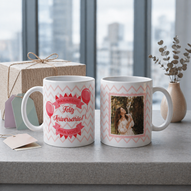 Caneca de Porcelana de Anivers�rio Personalizada com foto, nome ou frase - Ref. 004-Pers